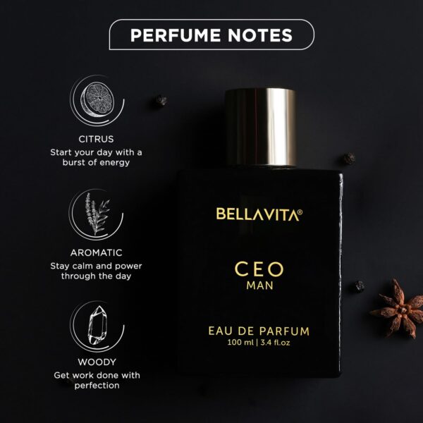 Roll over image to zoom in Bella Vita Luxury CEO Man Eau De Parfum Perfume with Lemon, Lavender, Tonka, Mandarin & Vetiver|Premium, Long Lasting Woody Fragrance for Men, 100 ML - Image 2