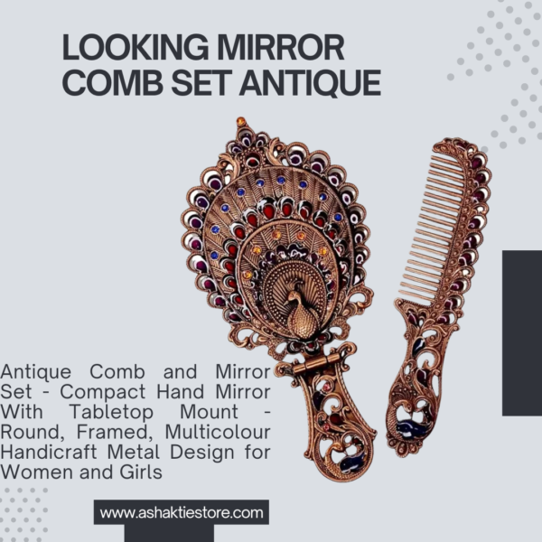 Antique Comb and Mirror Set - Compact Hand Mirror With Tabletop Mount - Round, Framed, Multicolour Handicraft Metal Design - Image 2