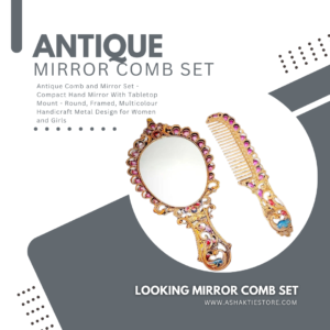 Antique Comb and Mirror Set - Compact Hand Mirror With Tabletop Mount - Round, Framed, Multicolour Handicraft Metal Design
